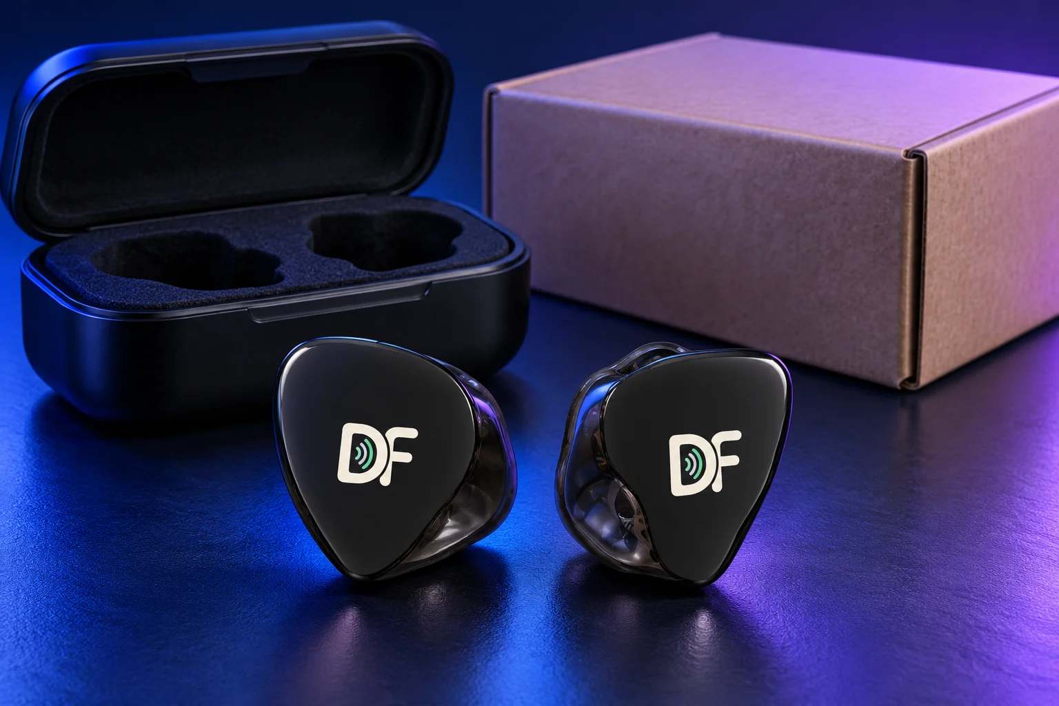 Monitores DreamFit junto a estojo e embalagem de envio ilustrativos