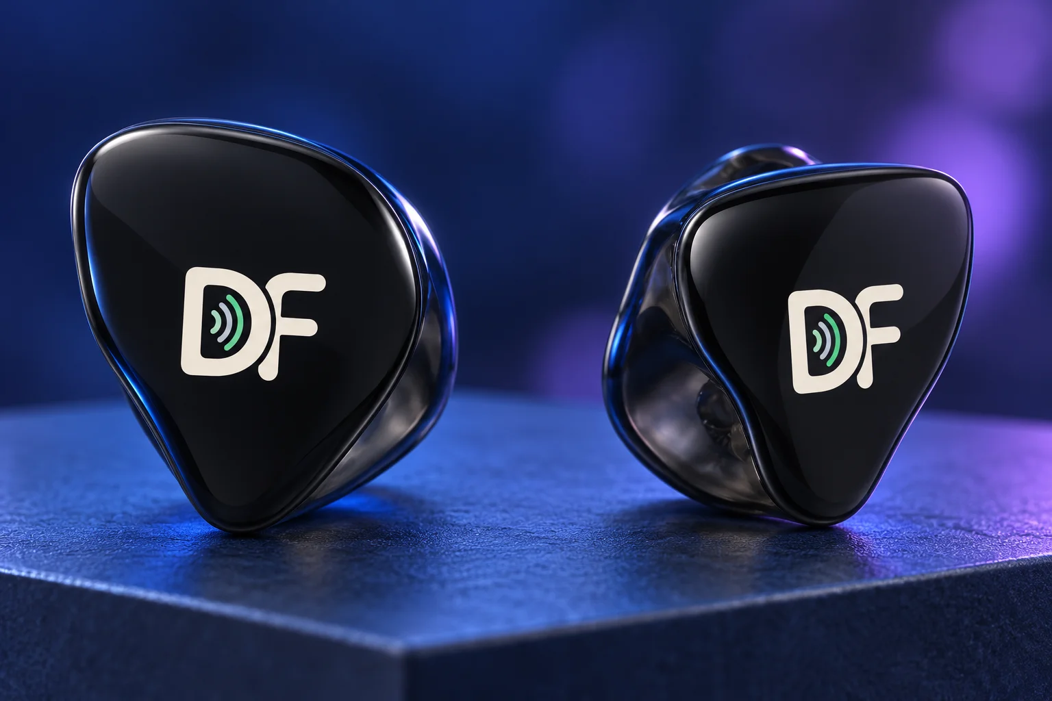 Par de monitores DreamFit fumê com logo DF em cenário azul e violeta